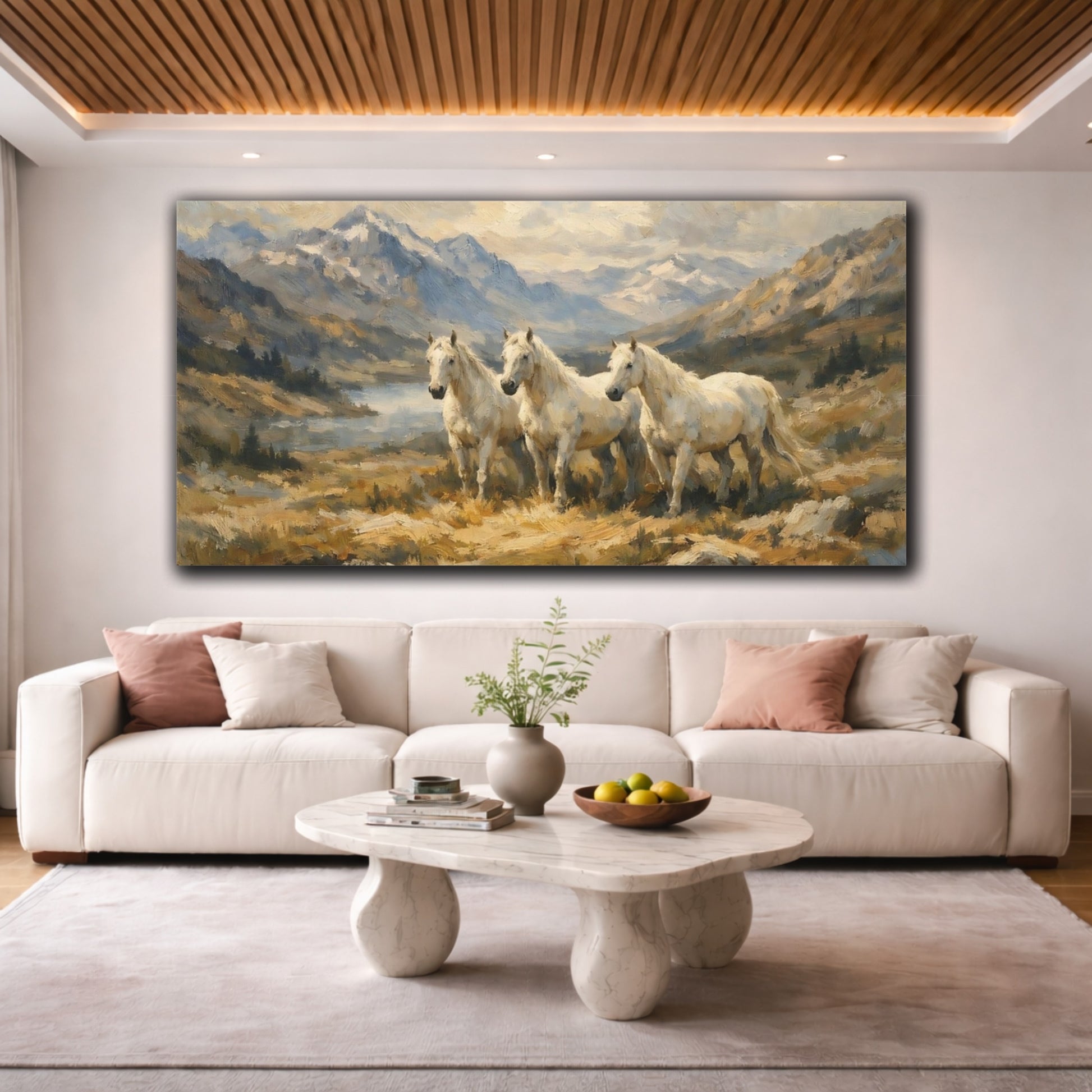 Mockup 3. Animals White Horses Earthy White Horses shown as stretched canvas wall art