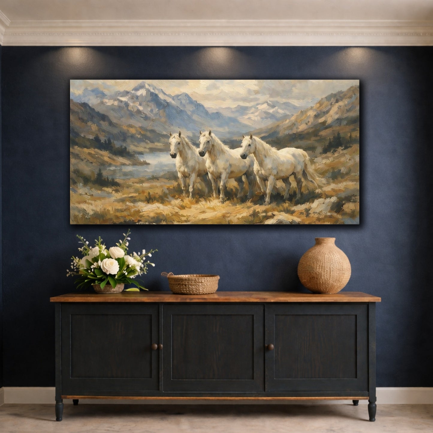 Mockup 4. Animals White Horses Earthy White Horses shown as stretched canvas wall art