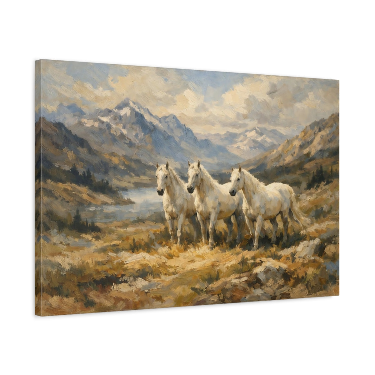 Side Mockup 2. Animals White Horses White Horses Landscape shown as stretched canvas wall art