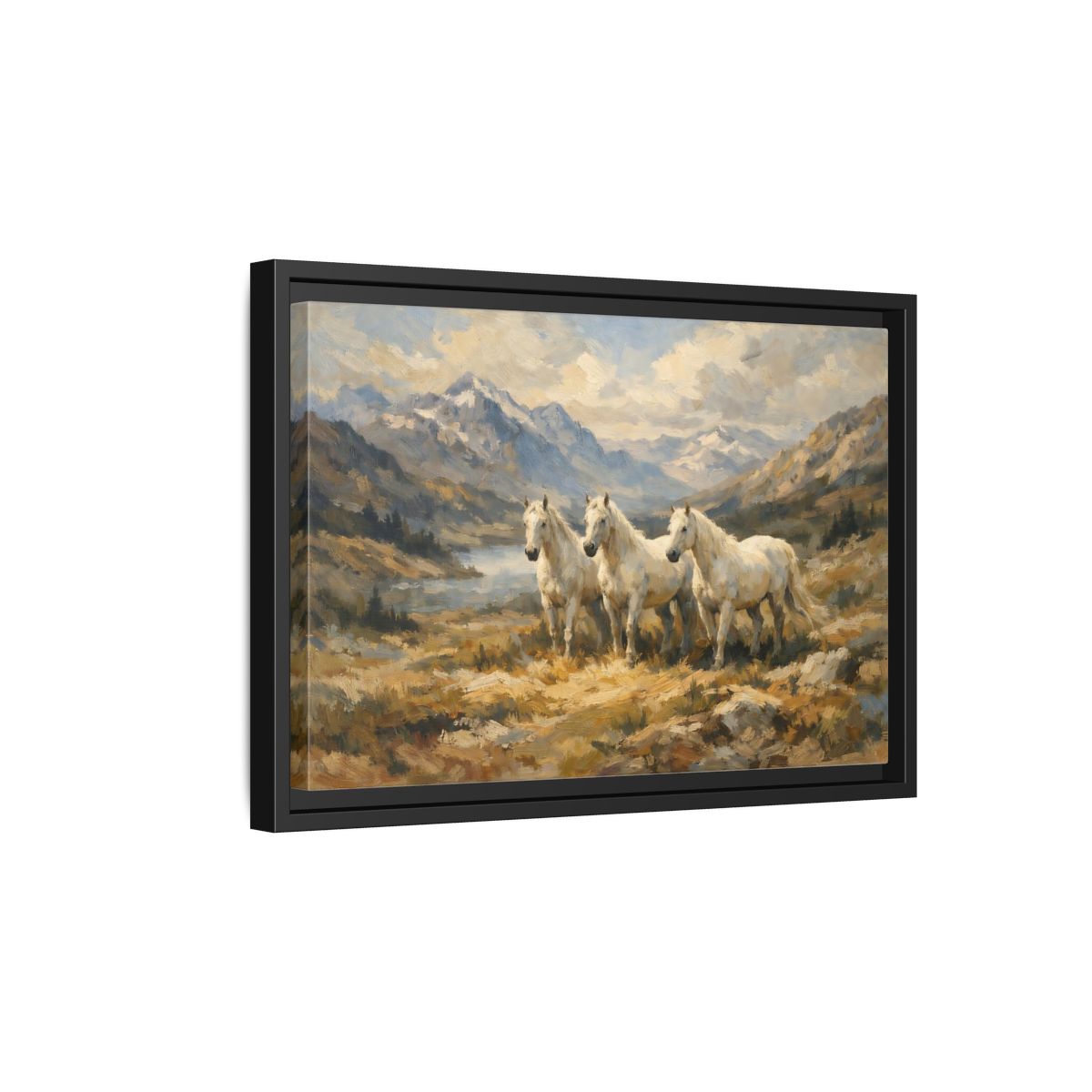 Side Mockup 6. Animals White Horses White Horses Landscape shown as stretched canvas wall art
