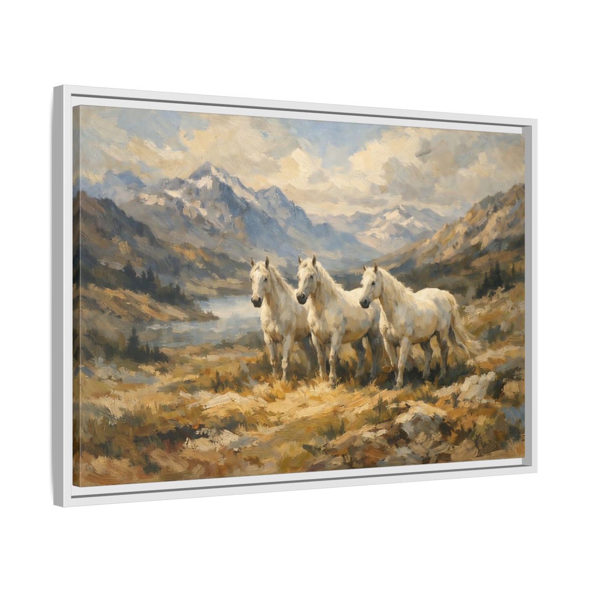 Side Mockup 10. Animals White Horses White Horses Landscape shown as stretched canvas wall art