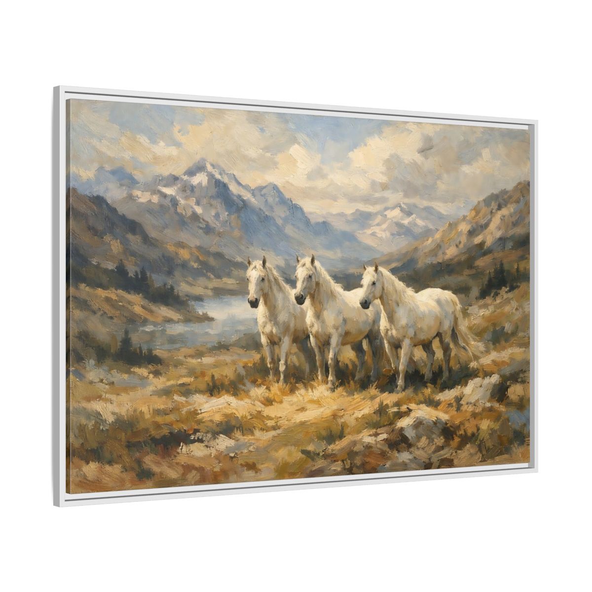 Side Mockup 7. Animals White Horses White Horses Landscape shown as stretched canvas wall art