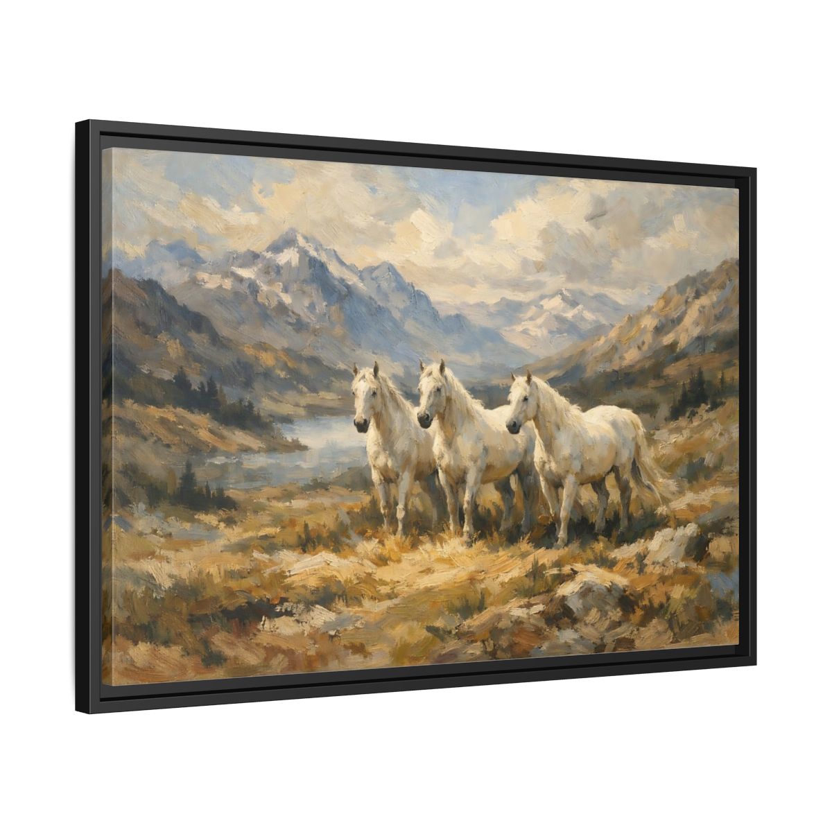 Side Mockup 14. Animals White Horses White Horses Landscape shown as stretched canvas wall art