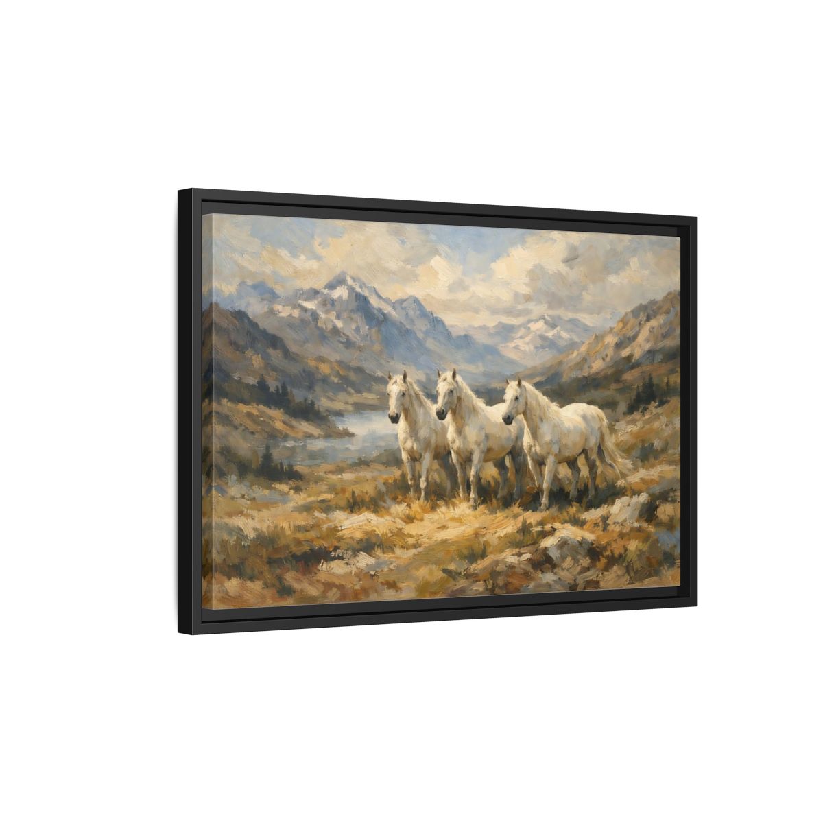 Side Mockup 3. Animals White Horses White Horses Landscape shown as stretched canvas wall art