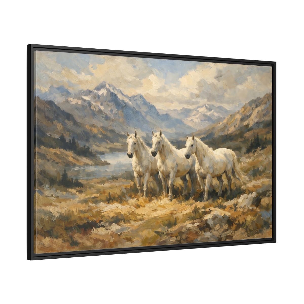 Side Mockup 12. Animals White Horses White Horses Landscape shown as stretched canvas wall art