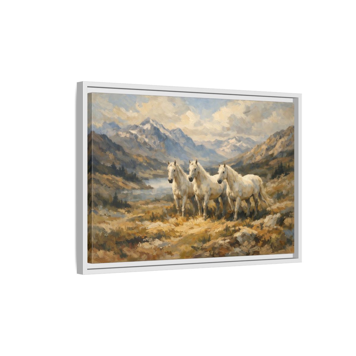 Side Mockup 1. Animals White Horses White Horses Landscape shown as stretched canvas wall art