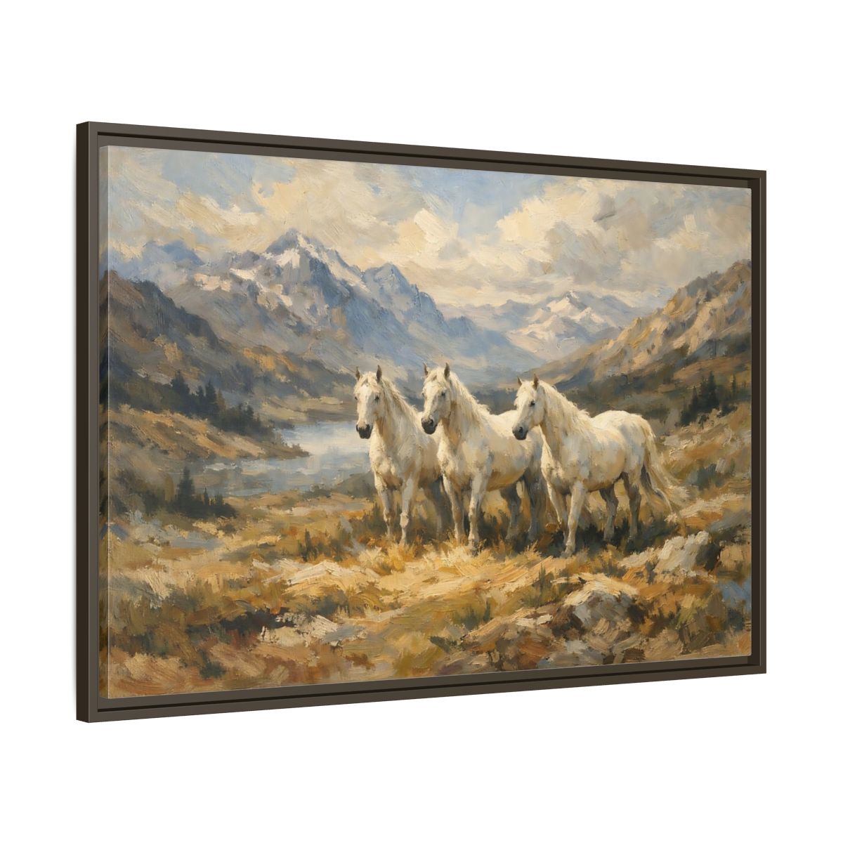 Side Mockup 9. Animals White Horses White Horses Landscape shown as stretched canvas wall art