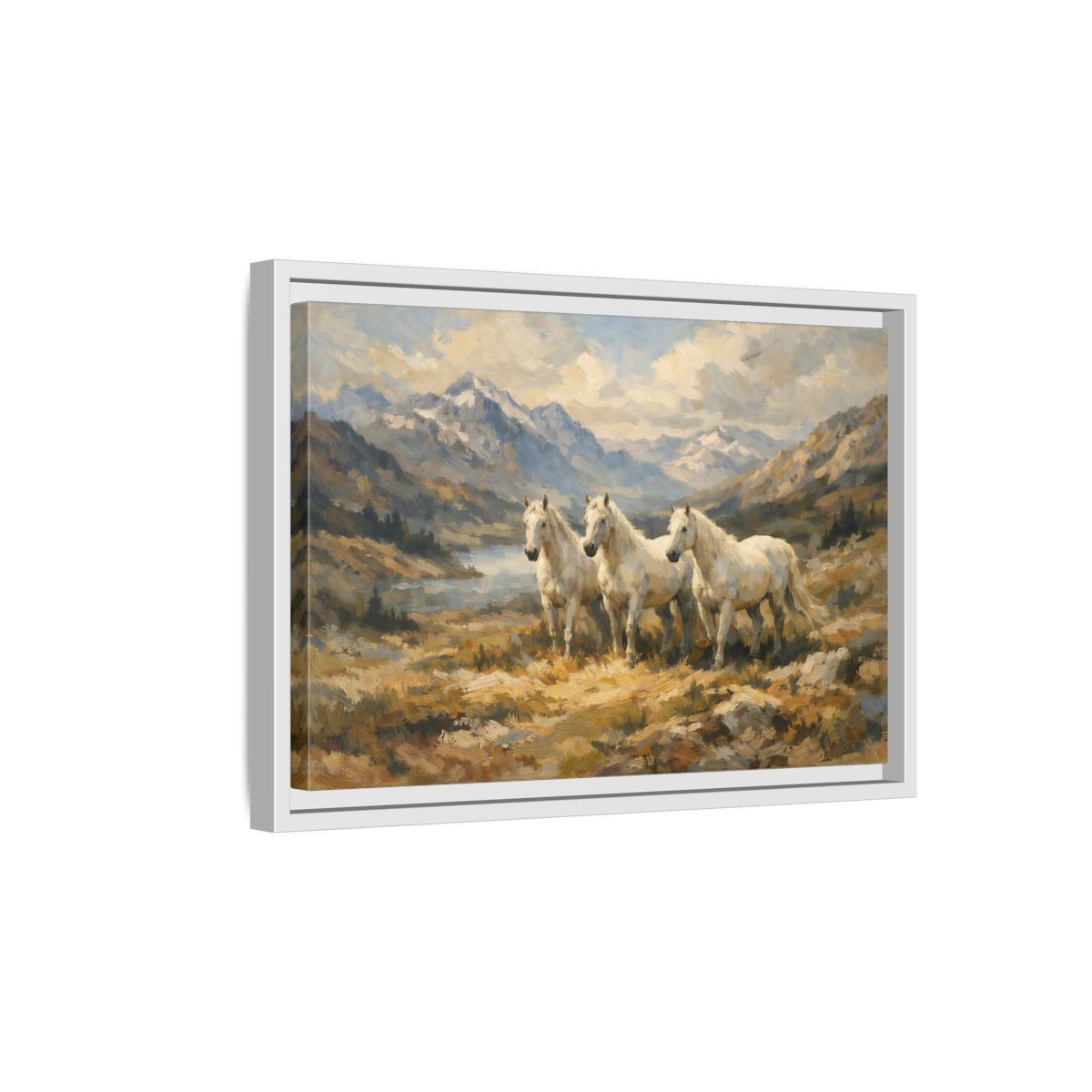 Side Mockup 4. Animals White Horses White Horses Landscape shown as stretched canvas wall art