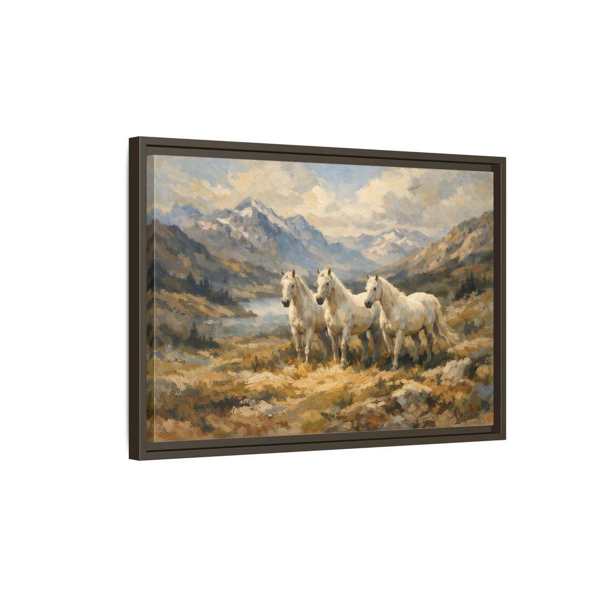 Side Mockup 2. Animals White Horses White Horses Landscape shown as stretched canvas wall art