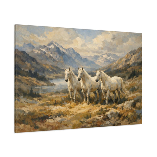 Main Mockup. Animals White Horses White Horses Landscape shown as stretched canvas wall art