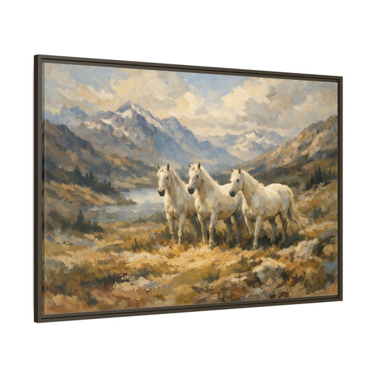 Main Mockup. Animals White Horses White Horses Landscape shown as stretched canvas wall art