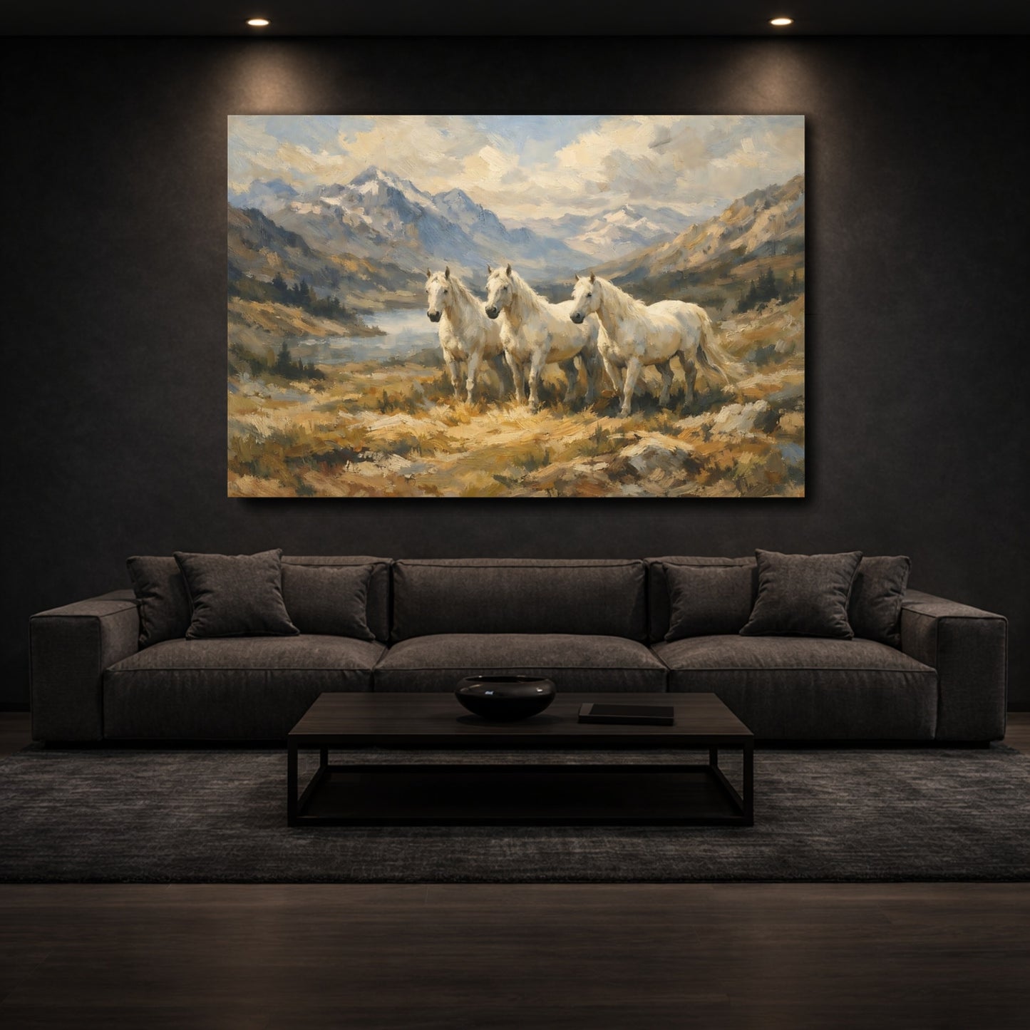 Mockup 2. Animals White Horses White Horses Landscape shown as stretched canvas wall art