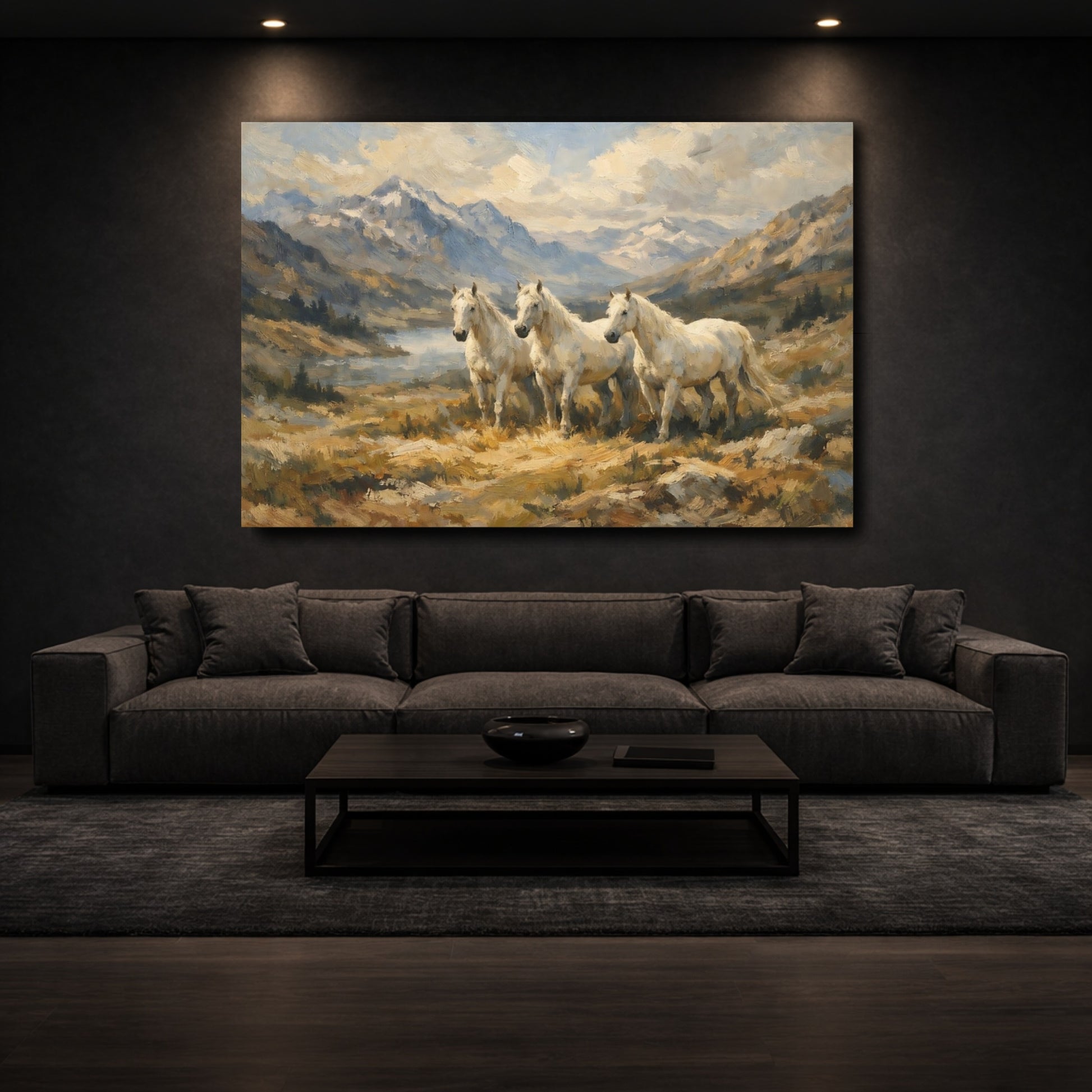 Mockup 2. Animals White Horses White Horses Landscape shown as stretched canvas wall art