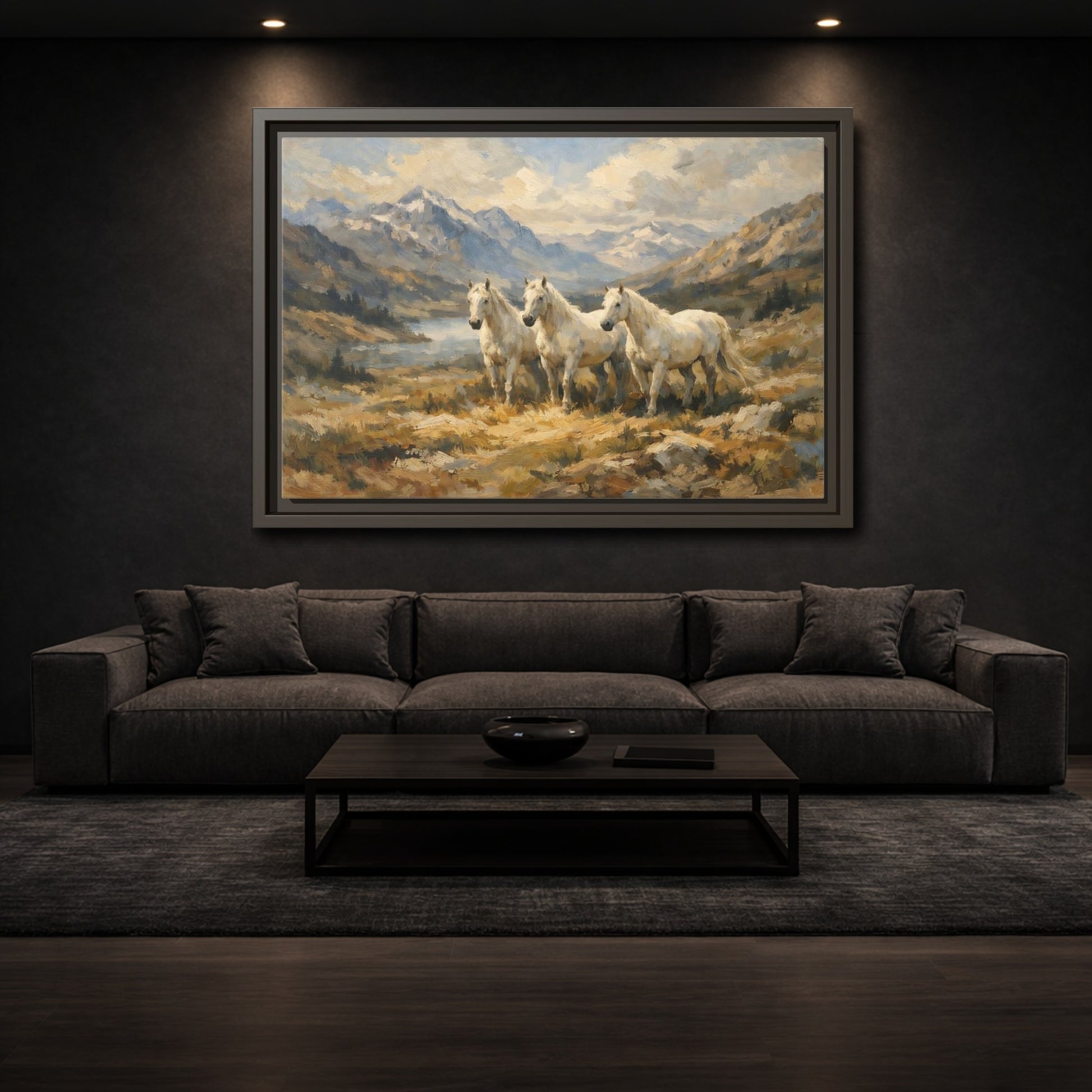 Mockup 2. Animals White Horses White Horses Landscape shown as stretched canvas wall art