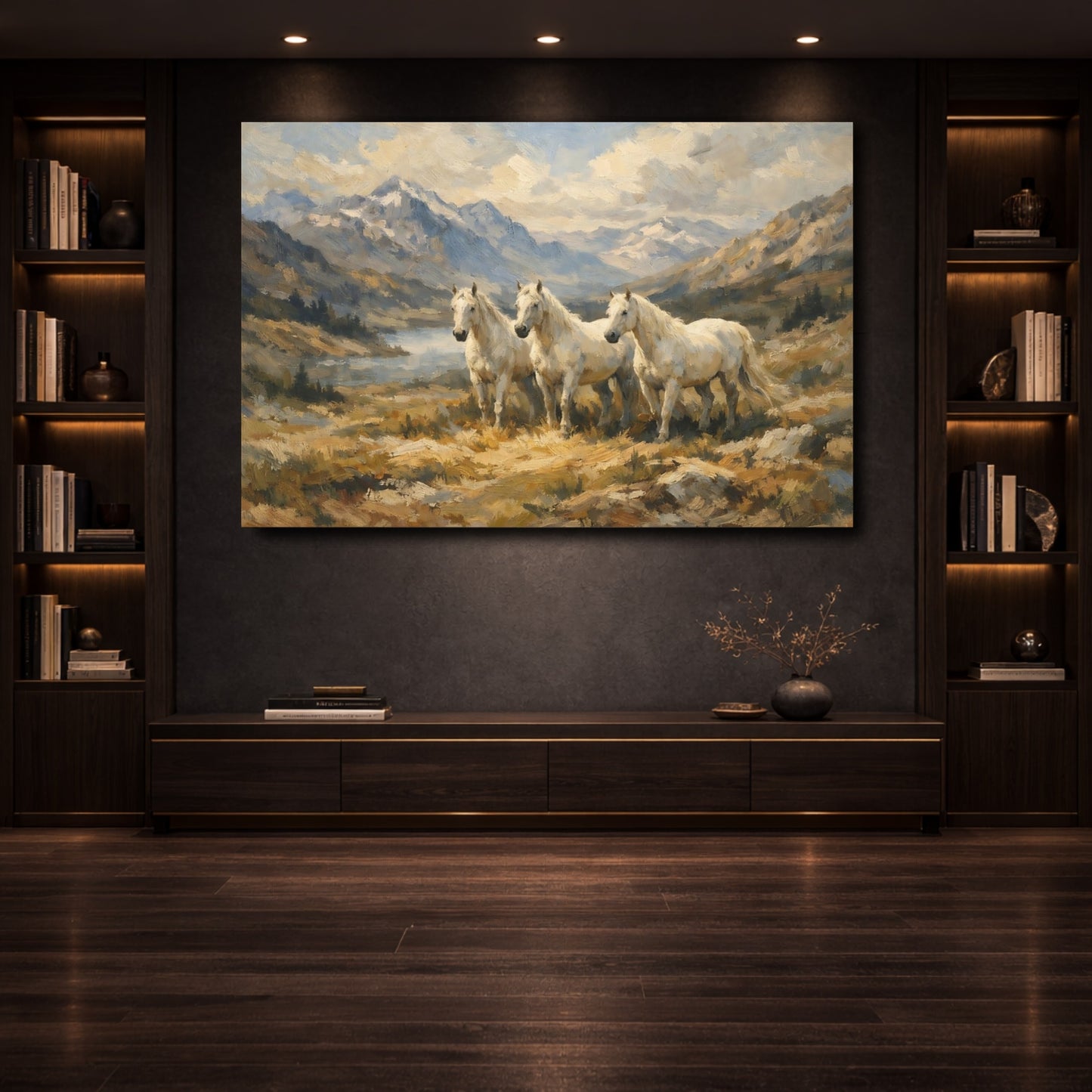 Mockup 3. Animals White Horses White Horses Landscape shown as stretched canvas wall art
