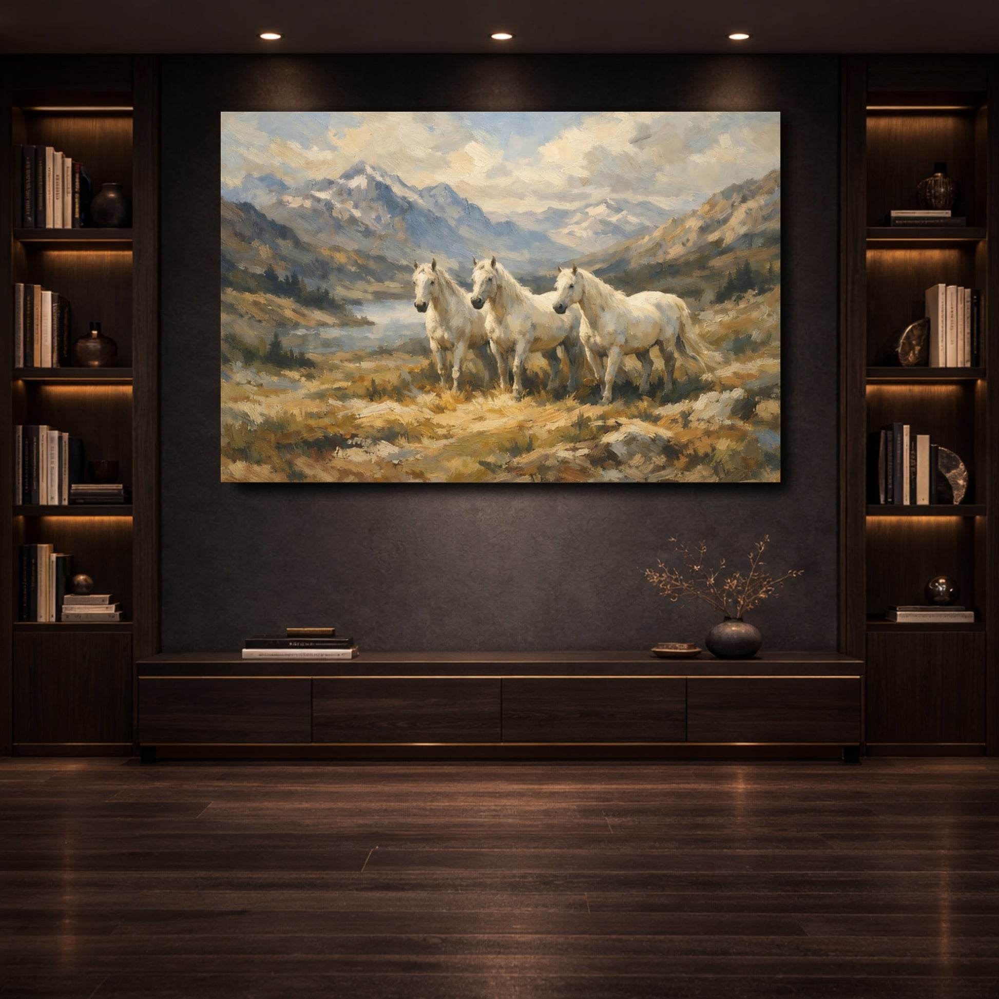 Mockup 3. Animals White Horses White Horses Landscape shown as stretched canvas wall art