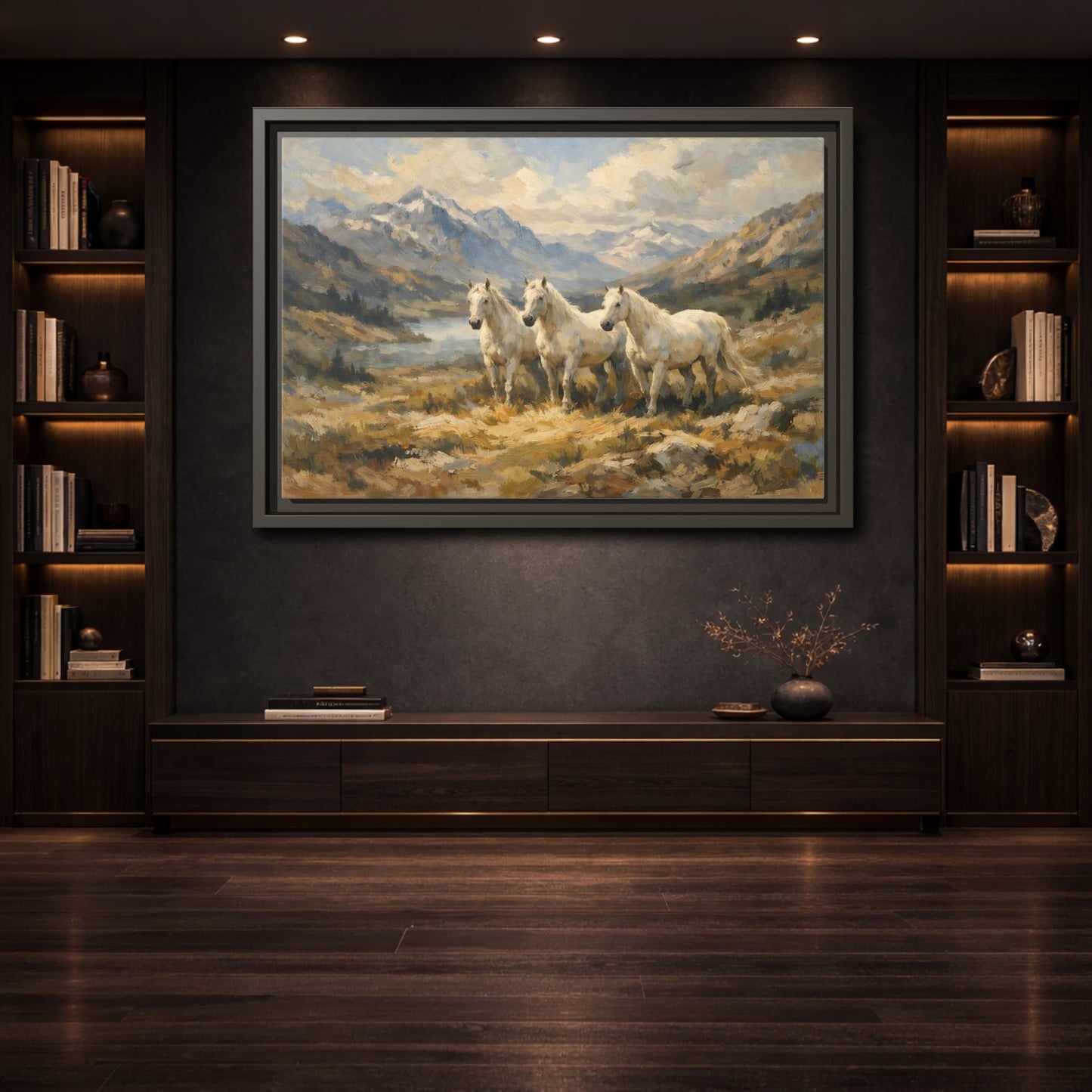 Mockup 3. Animals White Horses White Horses Landscape shown as stretched canvas wall art