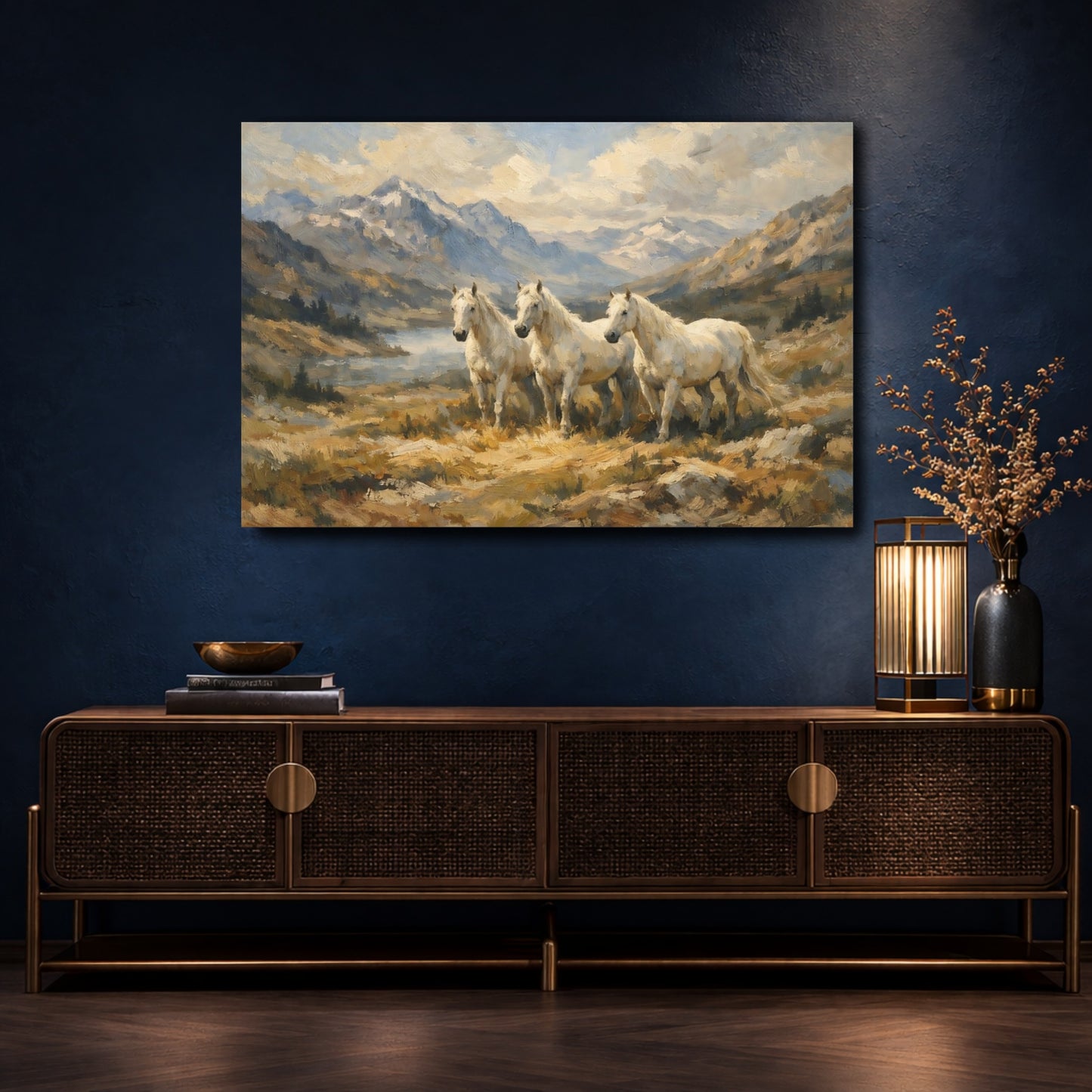 Mockup 4. Animals White Horses White Horses Landscape shown as stretched canvas wall art