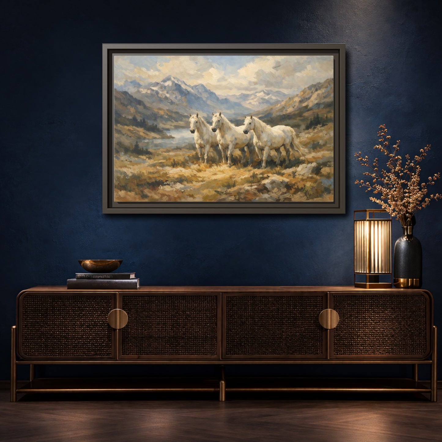 Mockup 4. Animals White Horses White Horses Landscape shown as stretched canvas wall art