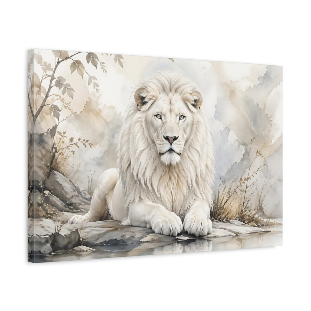 Side Mockup 3. Animals White Lion White And Gold shown as stretched canvas wall art