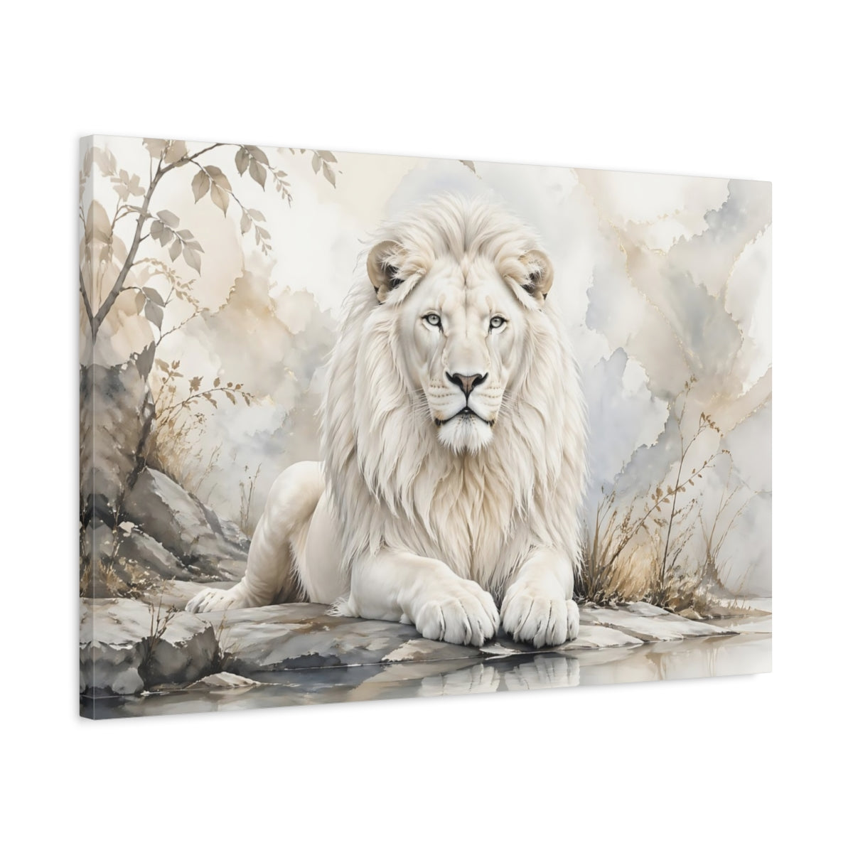 Side Mockup 2. Animals White Lion White And Gold shown as stretched canvas wall art