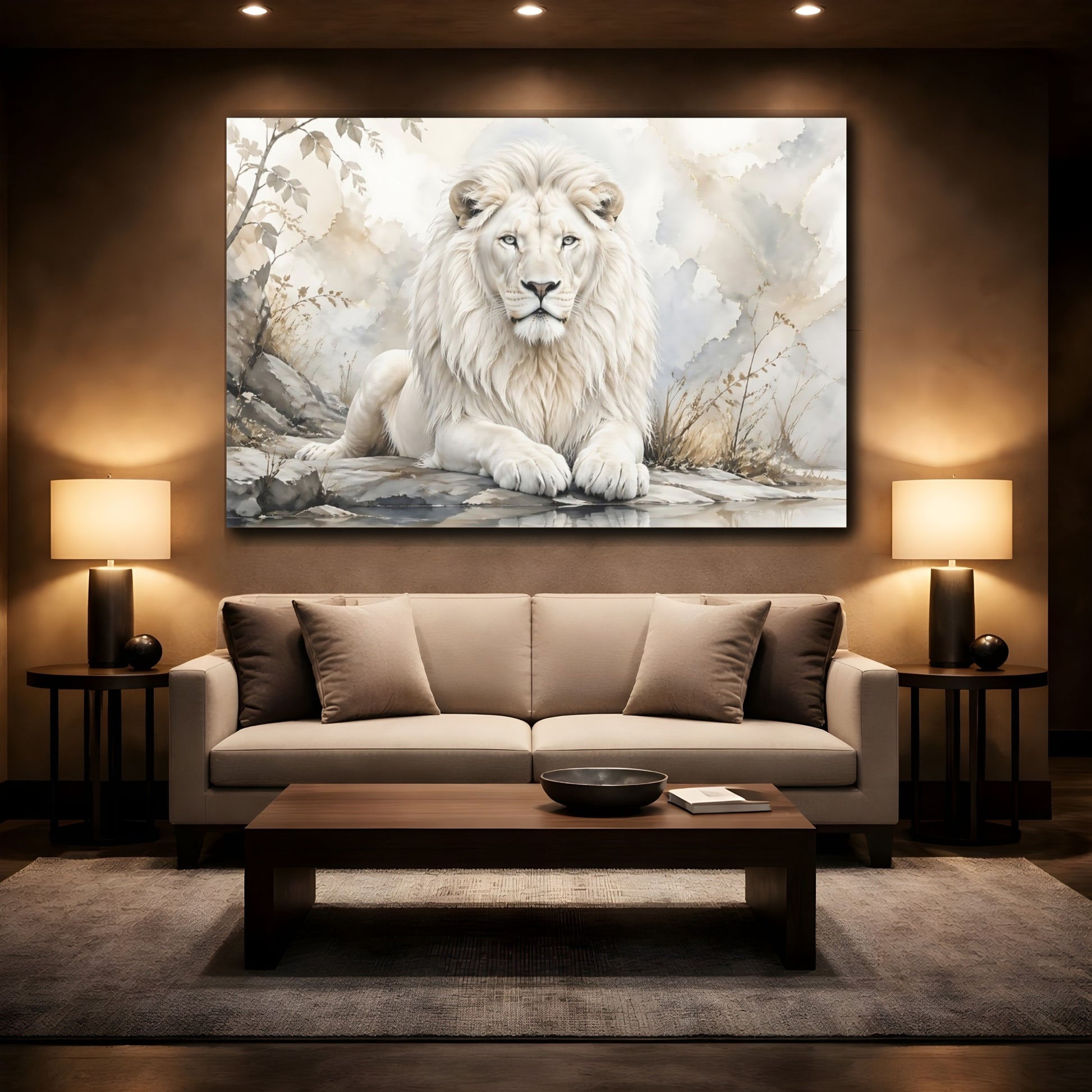 Mockup 2. Animals White Lion White And Gold shown as stretched canvas wall art
