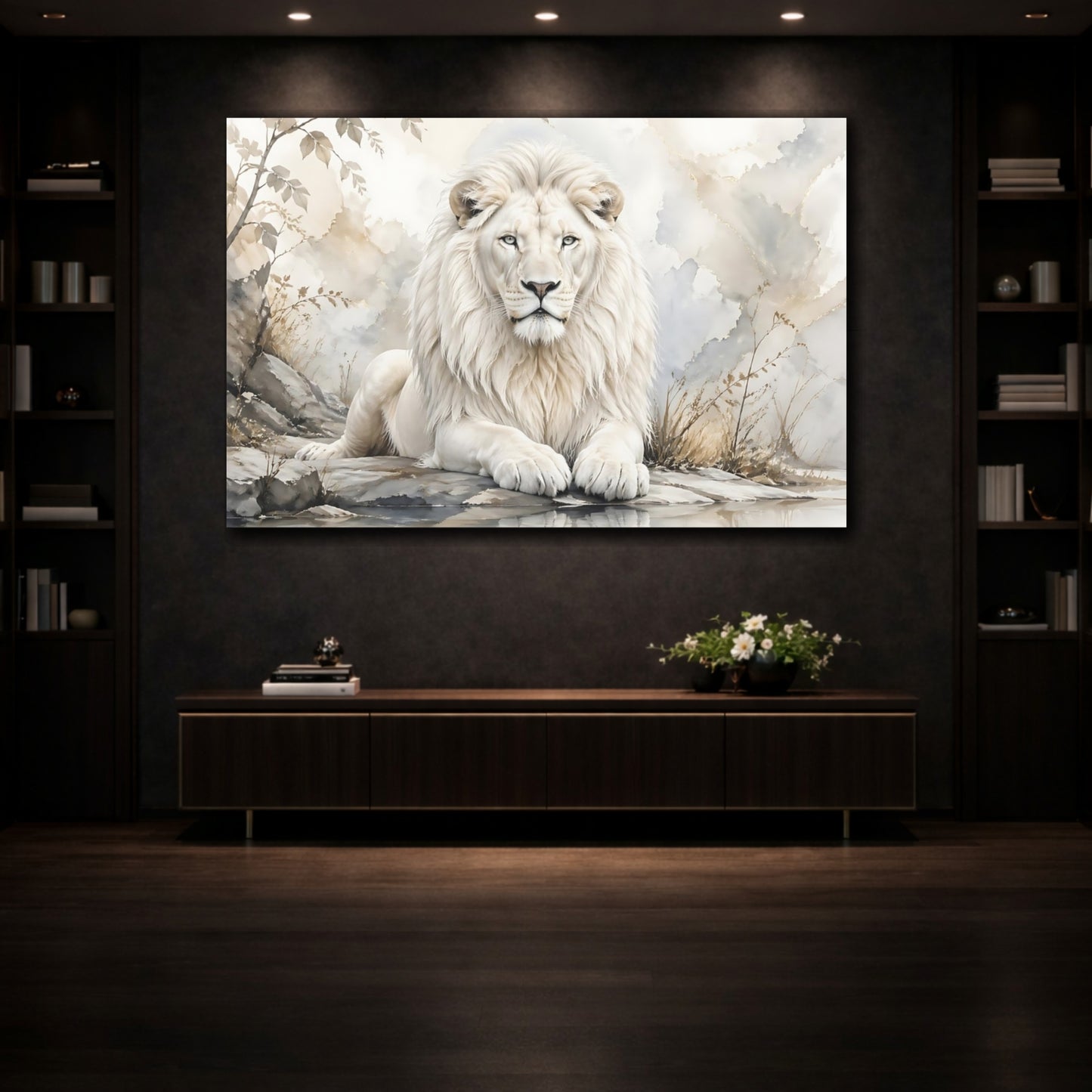 Mockup 3. Animals White Lion White And Gold shown as stretched canvas wall art