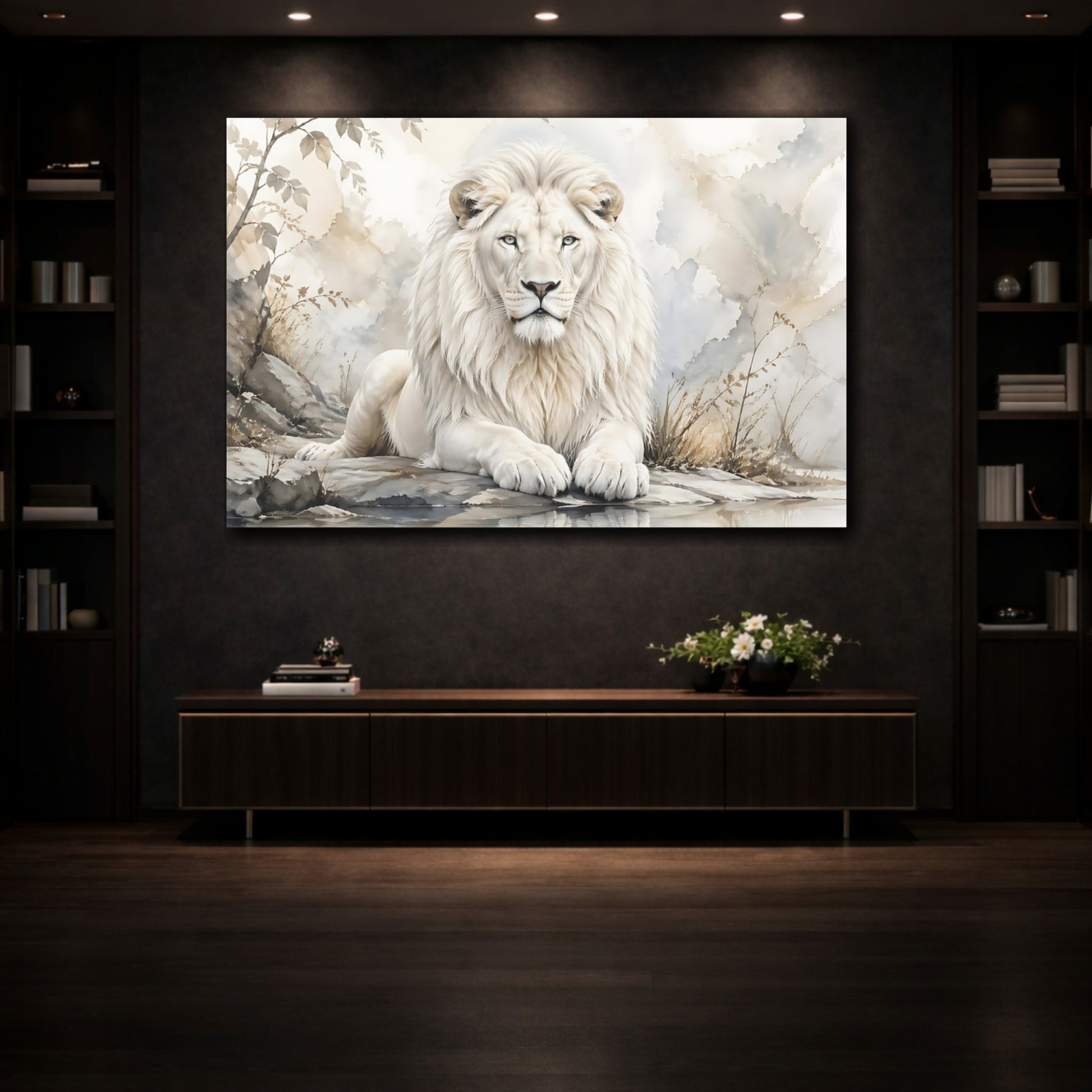 Mockup 3. Animals White Lion White And Gold shown as stretched canvas wall art