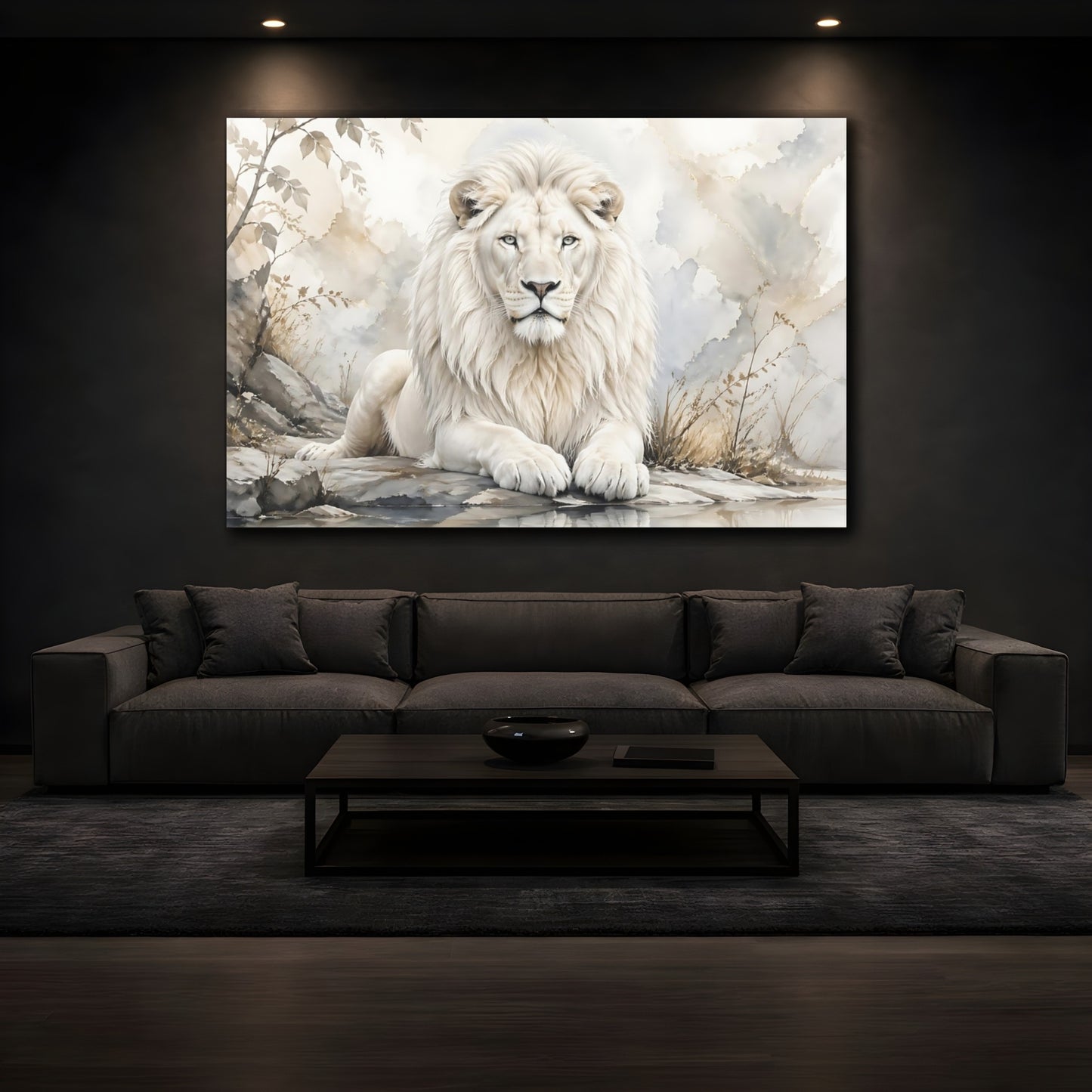 Mockup 4. Animals White Lion White And Gold shown as stretched canvas wall art