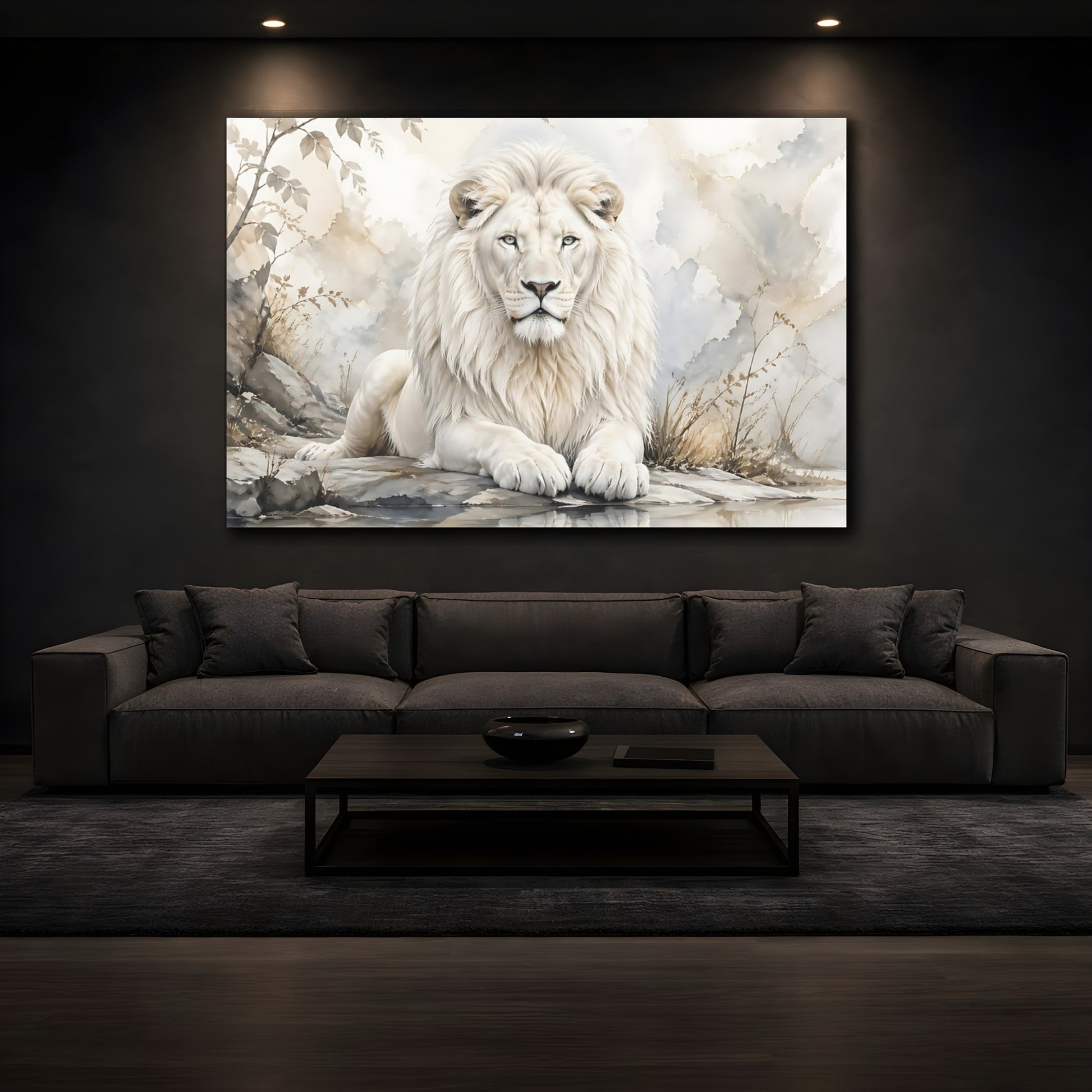 Mockup 4. Animals White Lion White And Gold shown as stretched canvas wall art