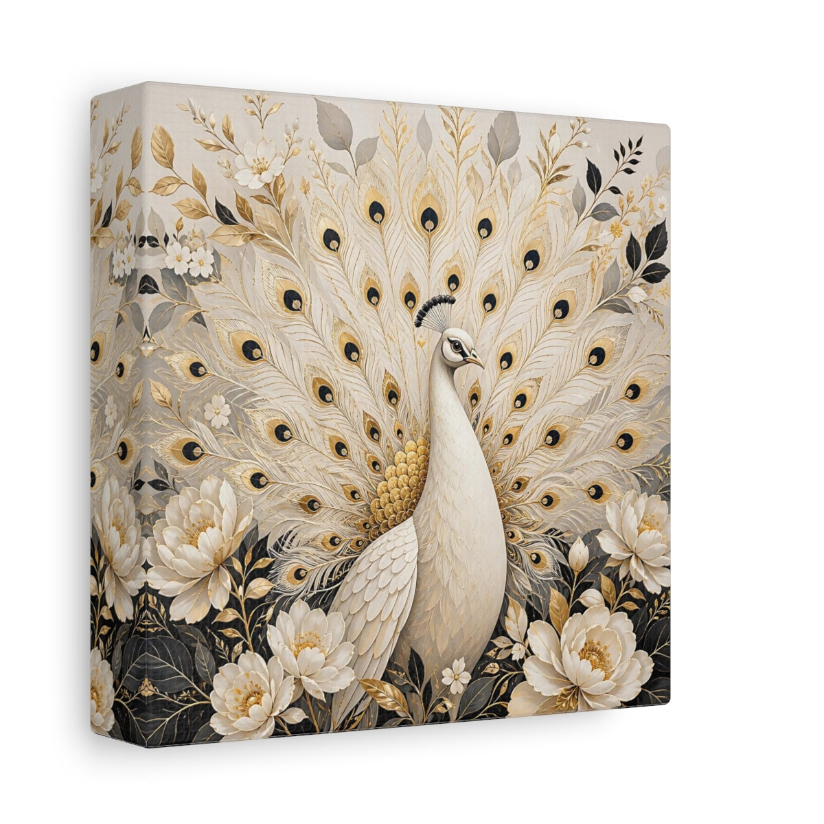 Side Mockup 2. Animals White Peacock White Gold Peacock shown as stretched canvas wall art
