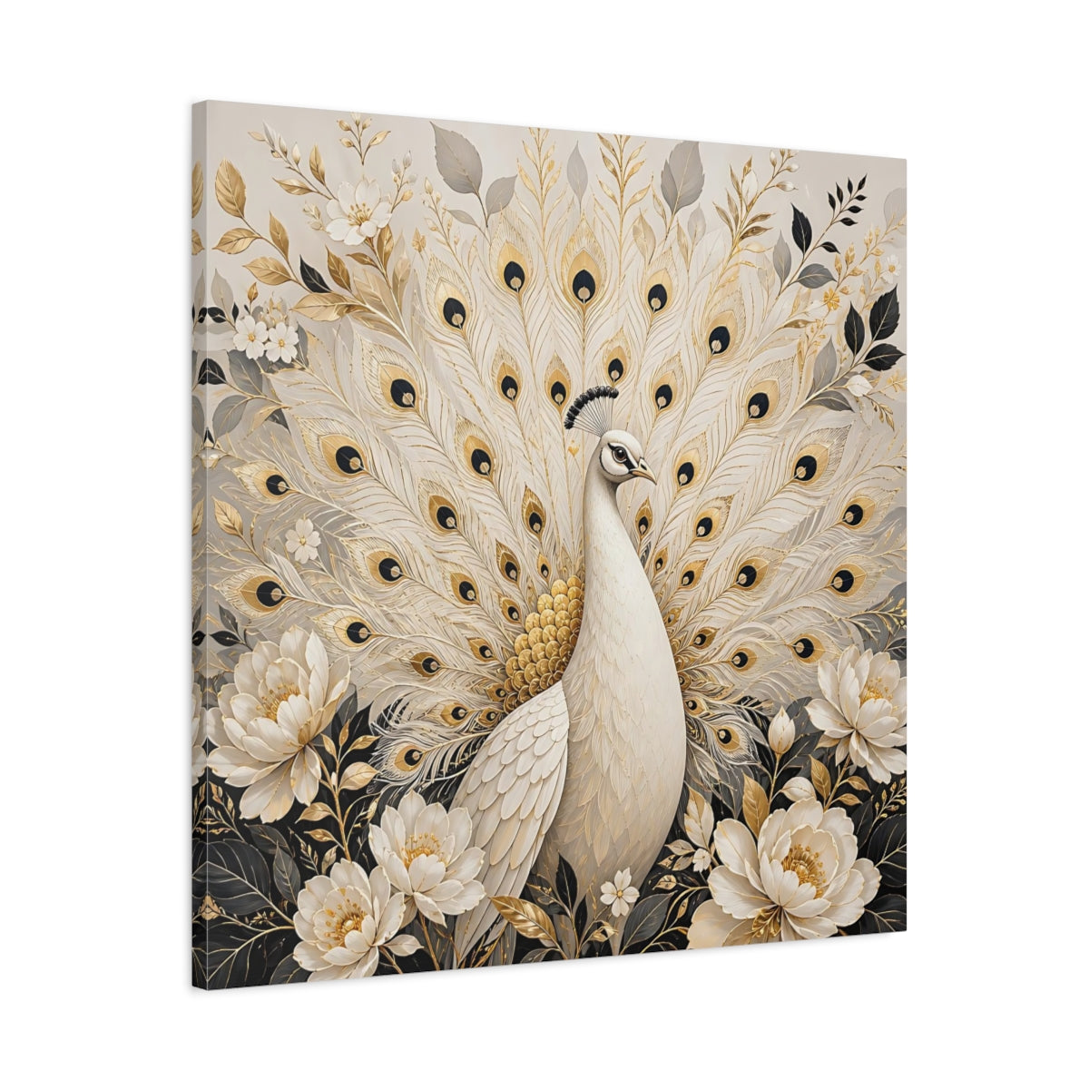 Side Mockup 3. Animals White Peacock White Gold Peacock shown as stretched canvas wall art