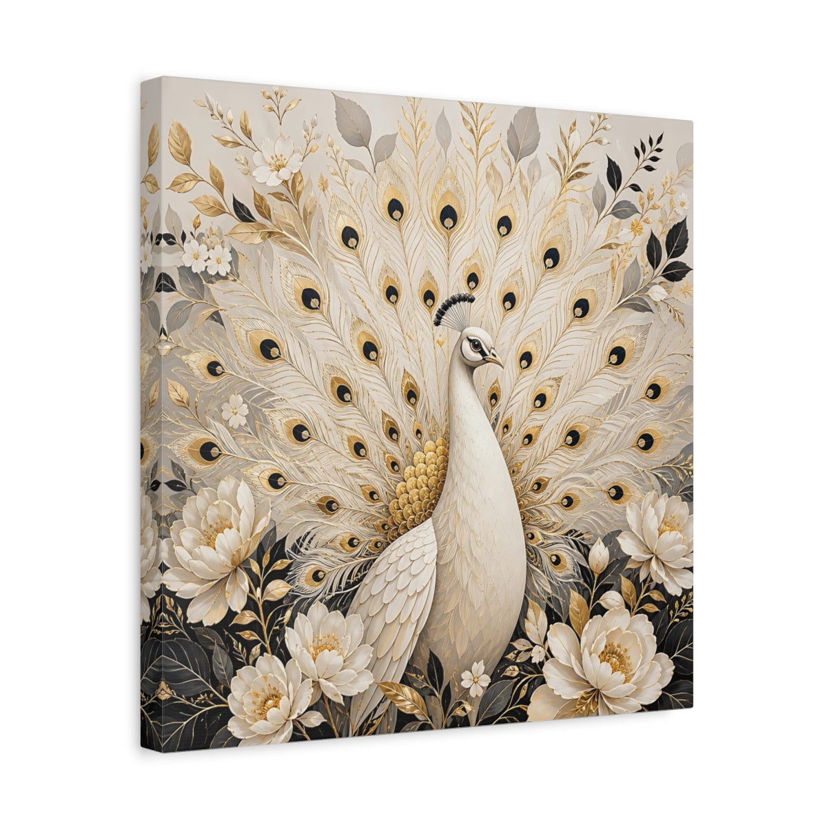 Side Mockup 6. Animals White Peacock White Gold Peacock shown as stretched canvas wall art