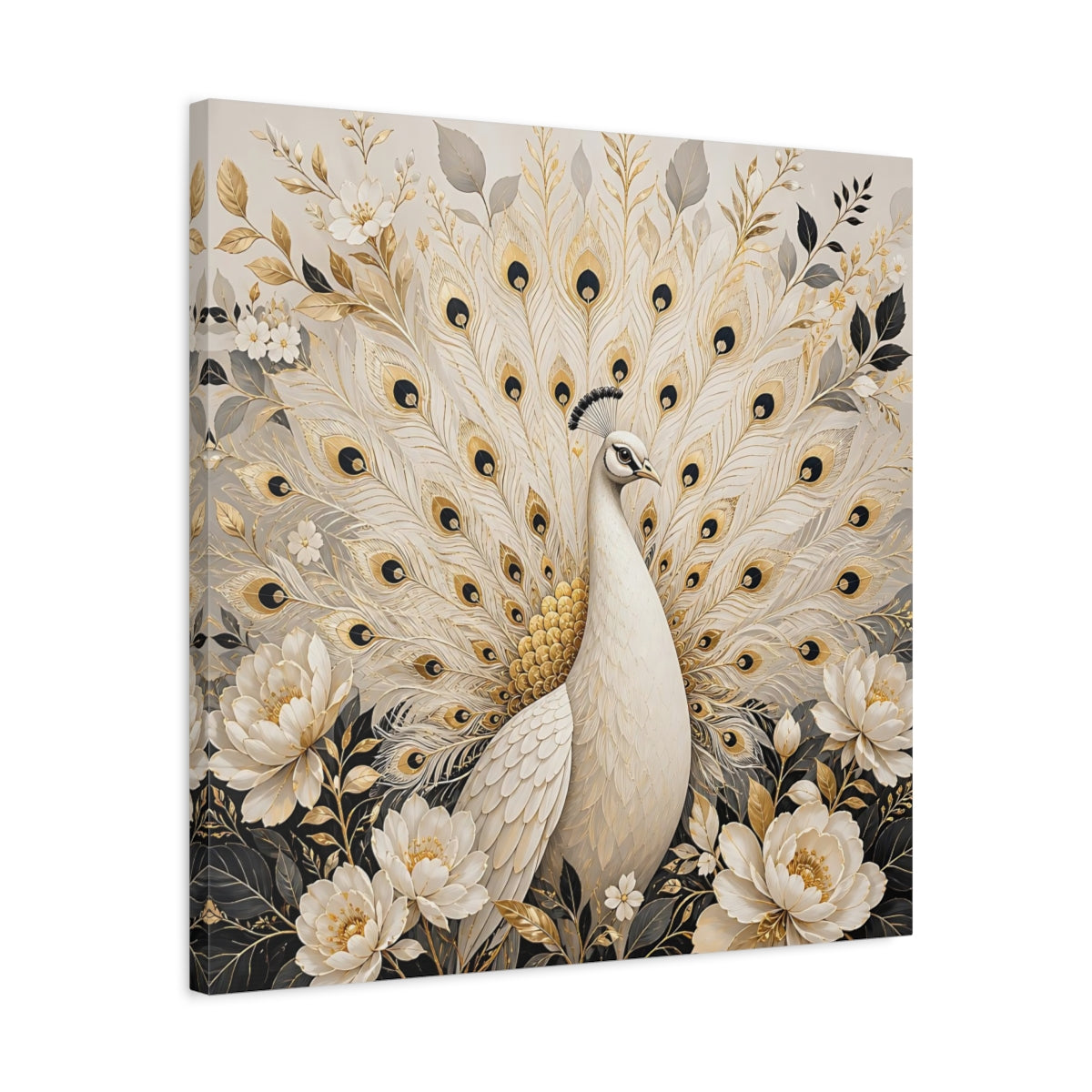 Side Mockup 4. Animals White Peacock White Gold Peacock shown as stretched canvas wall art