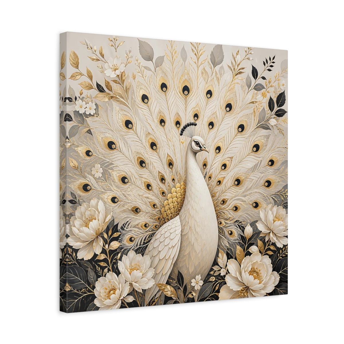 Side Mockup 5. Animals White Peacock White Gold Peacock shown as stretched canvas wall art