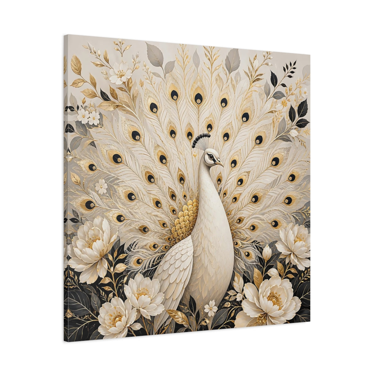Side Mockup 1. Animals White Peacock White Gold Peacock shown as stretched canvas wall art