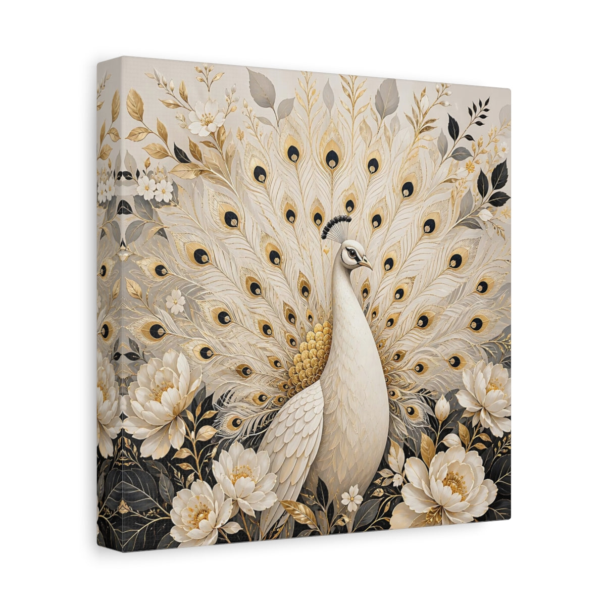 Side Mockup 9. Animals White Peacock White Gold Peacock shown as stretched canvas wall art