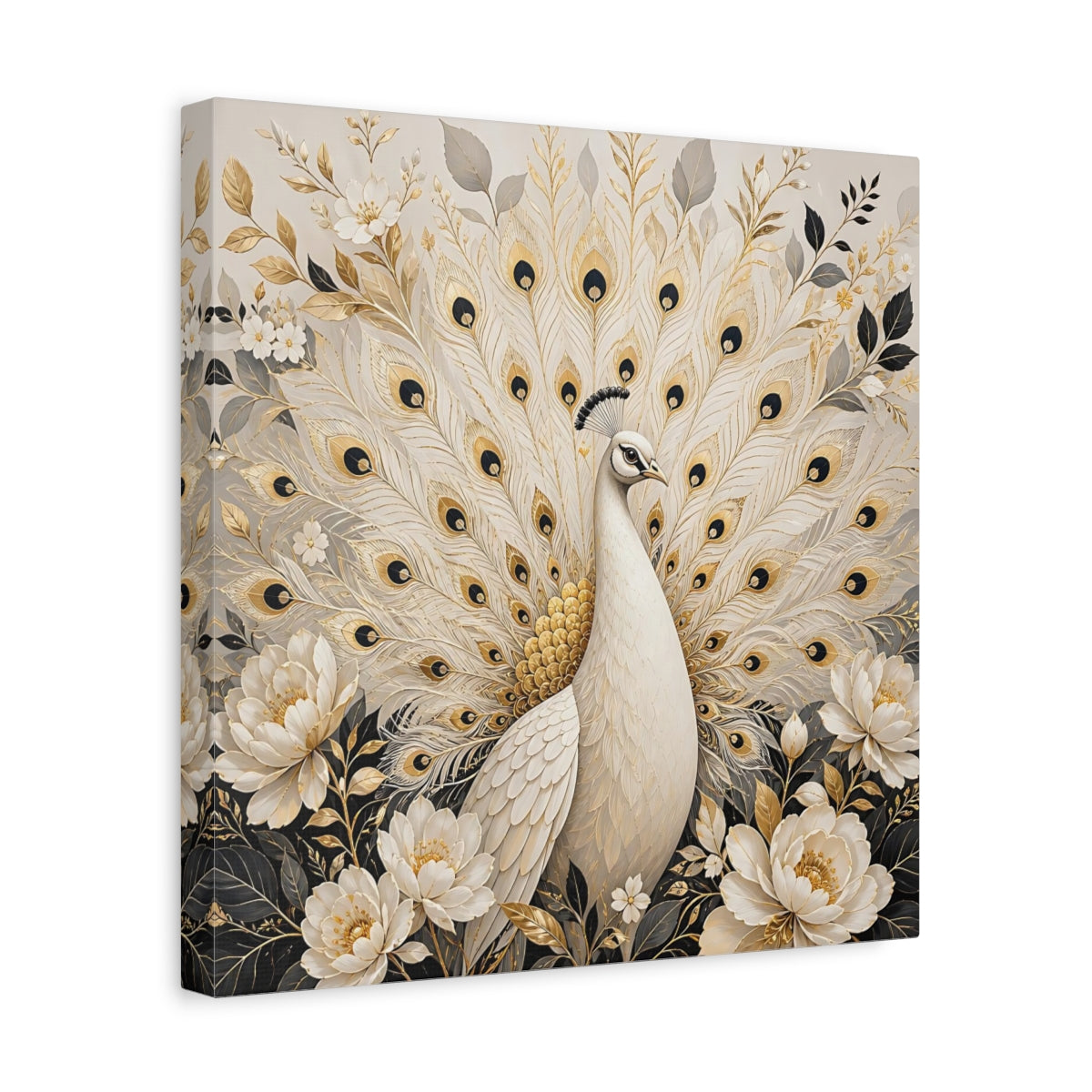 Side Mockup 7. Animals White Peacock White Gold Peacock shown as stretched canvas wall art