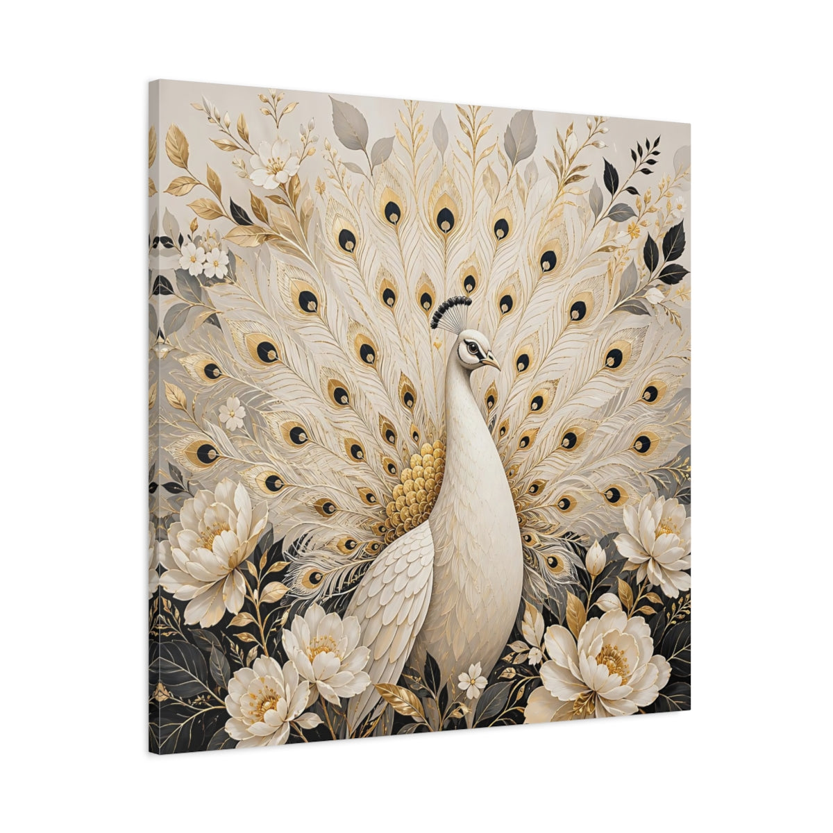 Main Mockup. Animals White Peacock White Gold Peacock shown as stretched canvas wall art