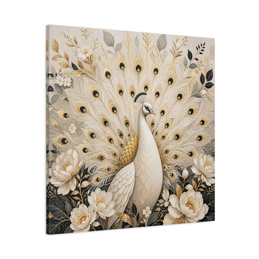 Main Mockup. Animals White Peacock White Gold Peacock shown as stretched canvas wall art