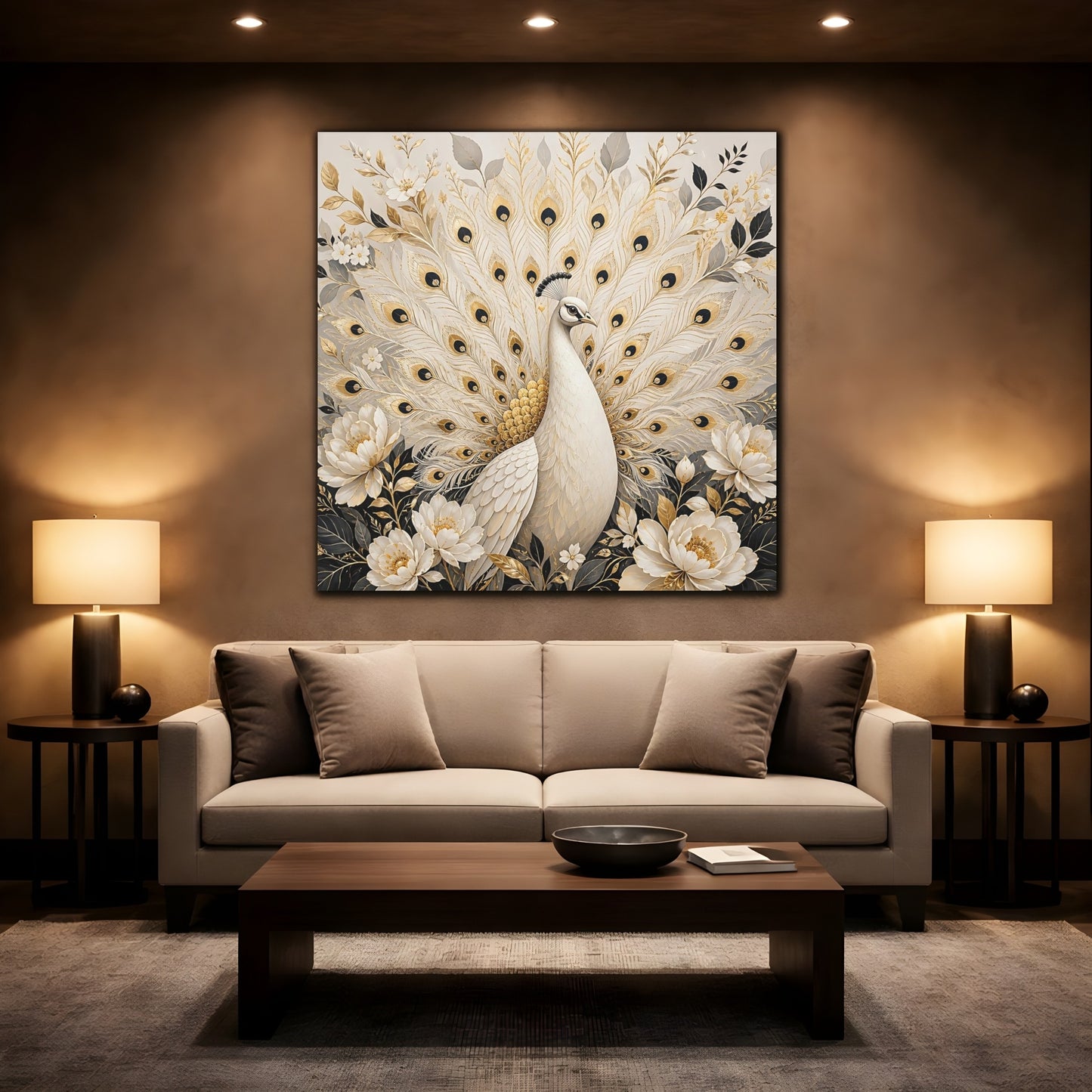 Mockup 2. Animals White Peacock White Gold Peacock shown as stretched canvas wall art