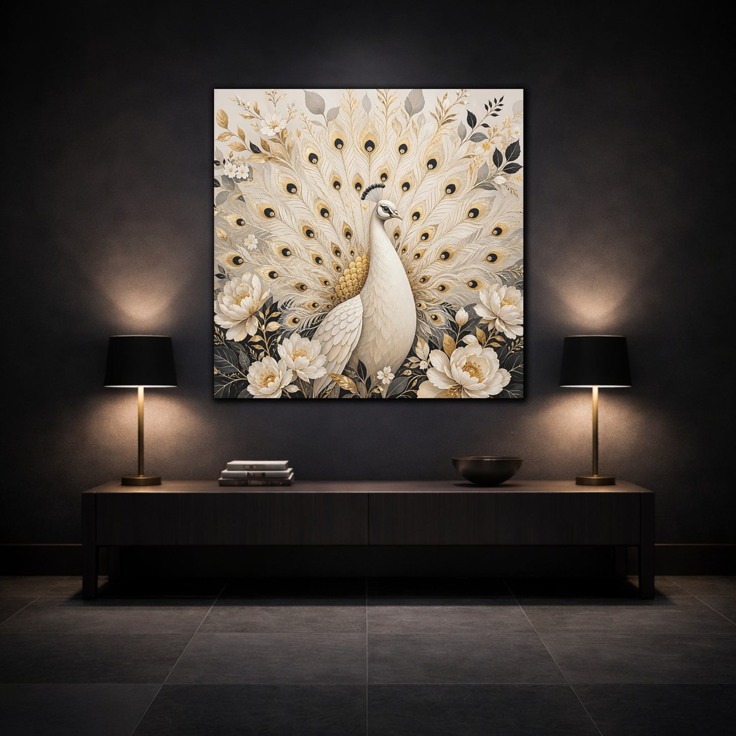Mockup 3. Animals White Peacock White Gold Peacock shown as stretched canvas wall art