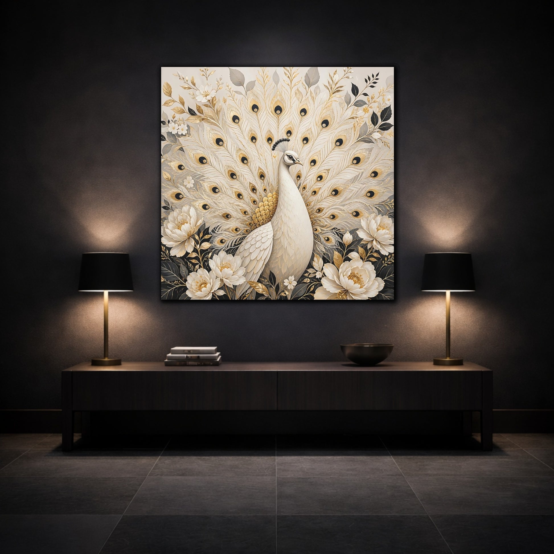 Mockup 3. Animals White Peacock White Gold Peacock shown as stretched canvas wall art