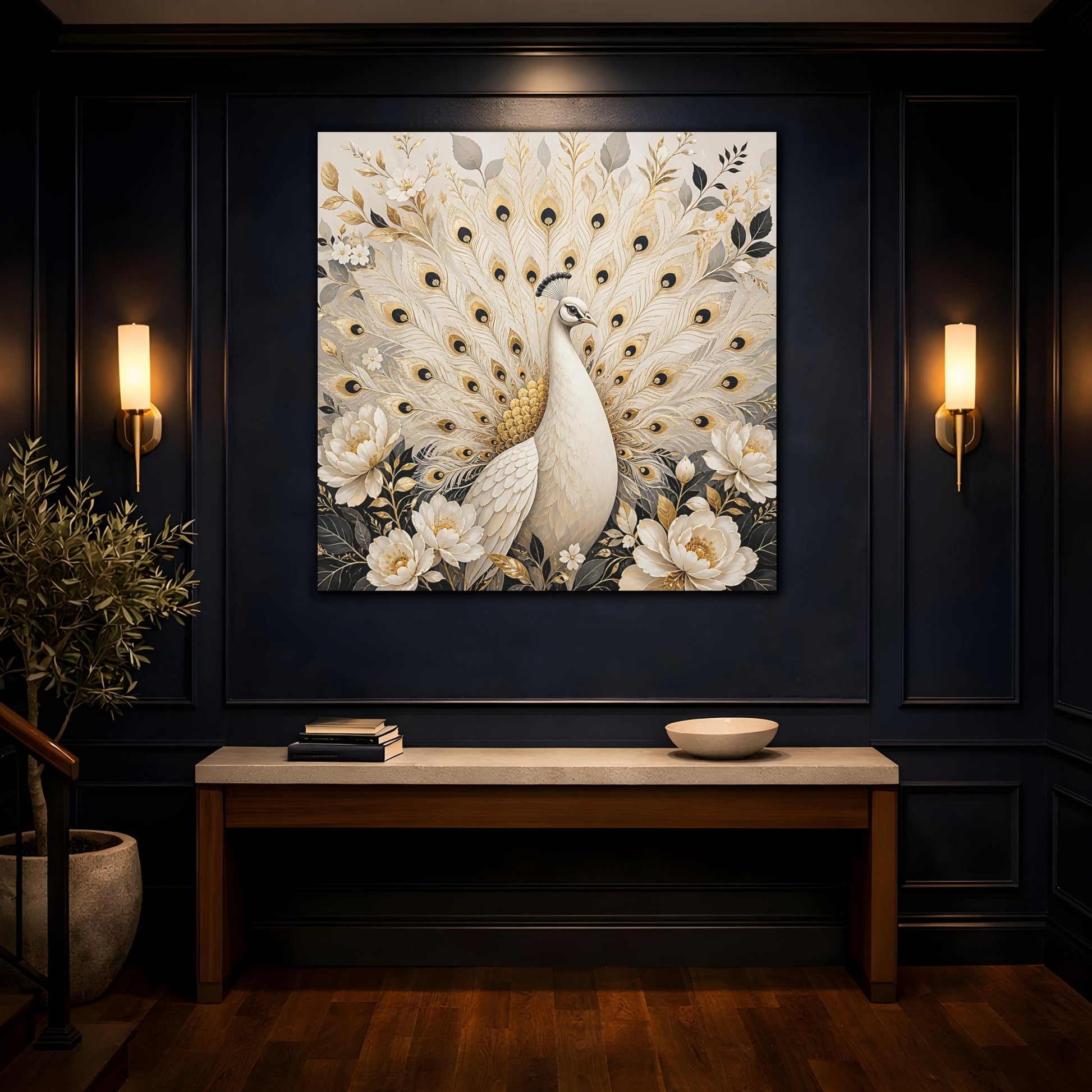 Mockup 4. Animals White Peacock White Gold Peacock shown as stretched canvas wall art