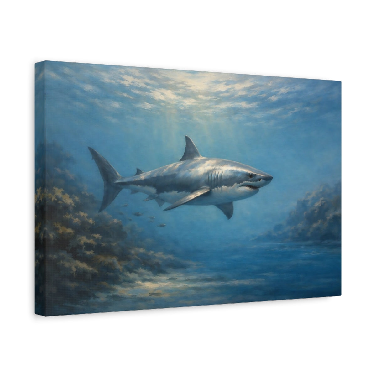 Side Mockup 4. Animals White Shark Underwater Shark shown as stretched canvas wall art