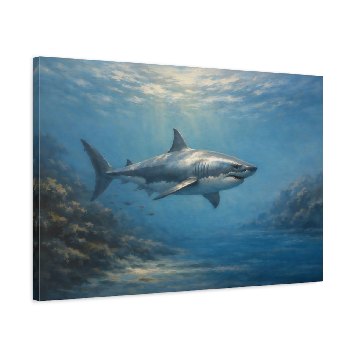 Side Mockup 2. Animals White Shark Underwater Shark shown as stretched canvas wall art
