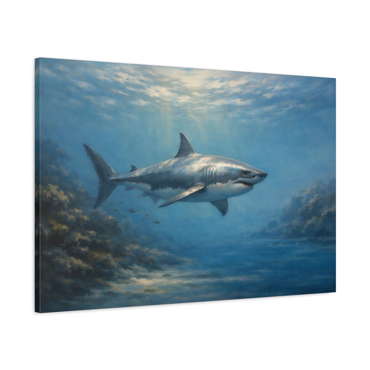 Side Mockup 1. Animals White Shark Underwater Shark shown as stretched canvas wall art