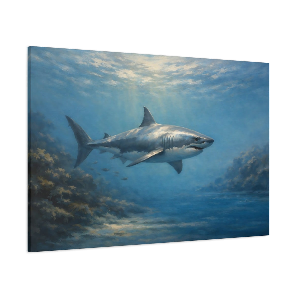 Main Mockup. Animals White Shark Underwater Shark shown as stretched canvas wall art