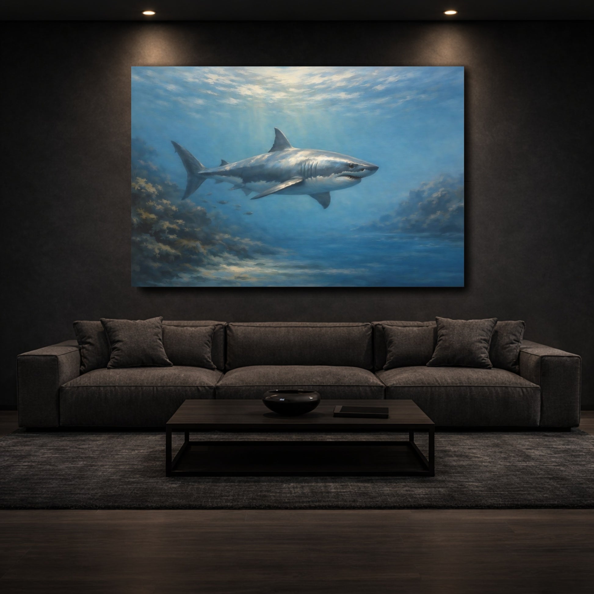 Mockup 2. Animals White Shark Underwater Shark shown as stretched canvas wall art