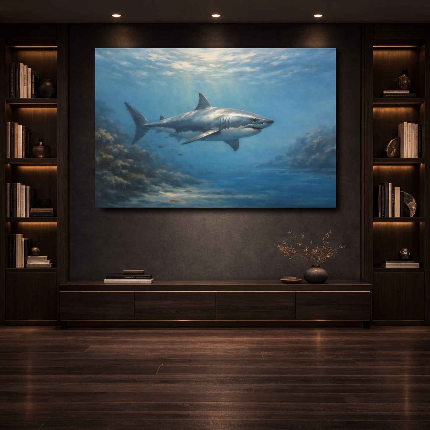 Mockup 3. Animals White Shark Underwater Shark shown as stretched canvas wall art